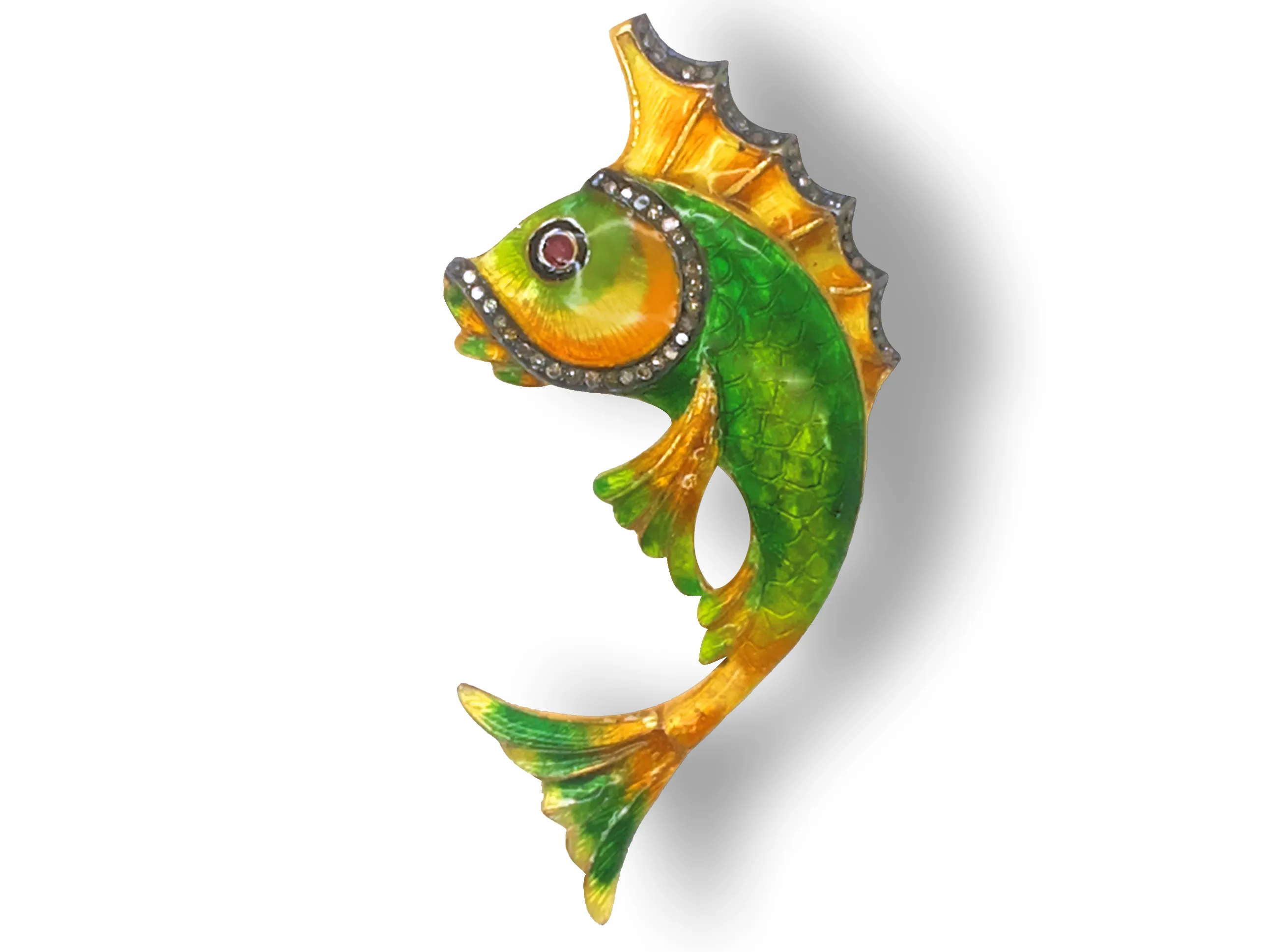 Pendant shaped as a curving fish in green and blue enamel with a gold crest