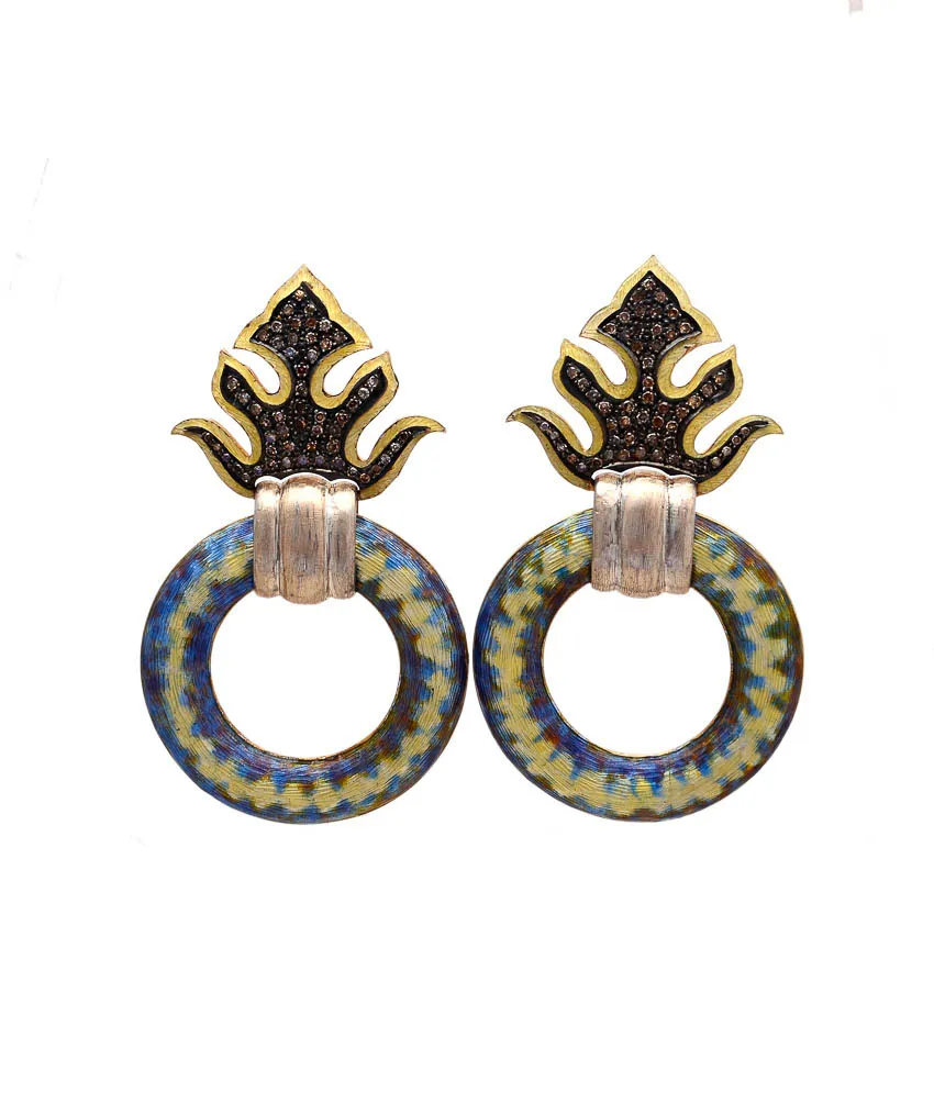 Blue enamel door-knocker hoop earrings with pavé-set crown tops
