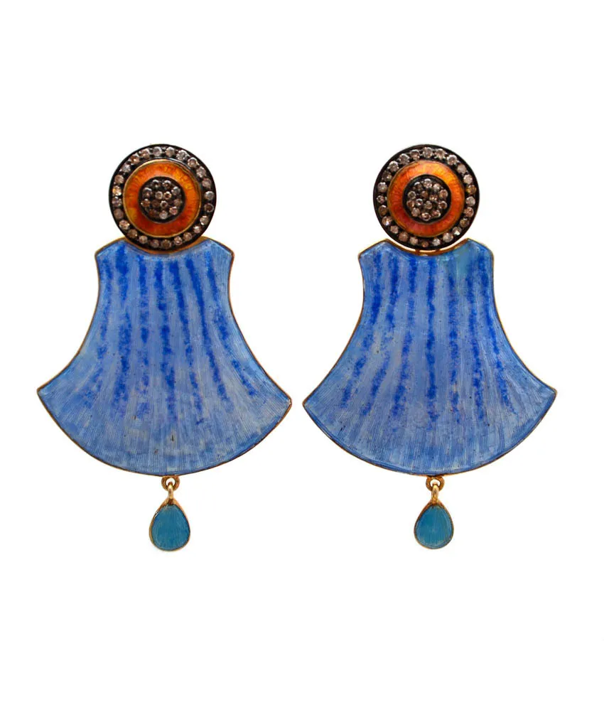 Pair of powder-blue fluted fan earrings with turquoise bead drops