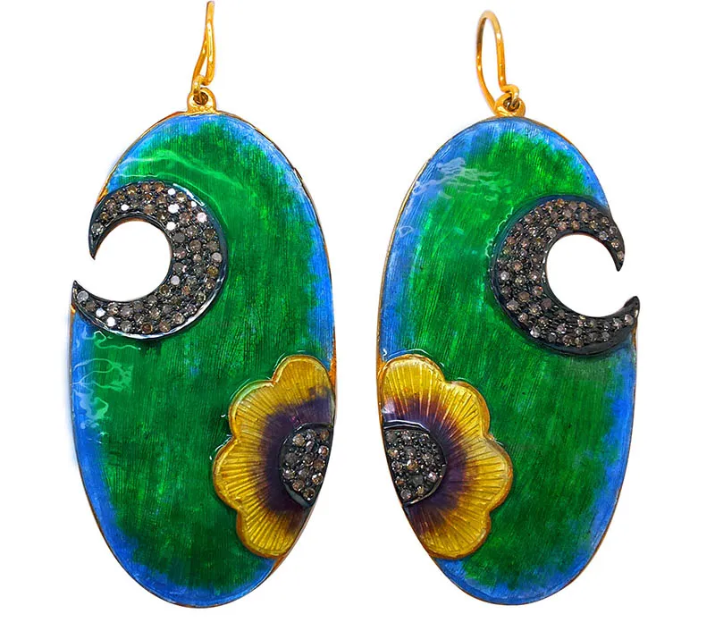 Pair of oval green enamel earrings with a yellow flower and pavé-set vine on each drop