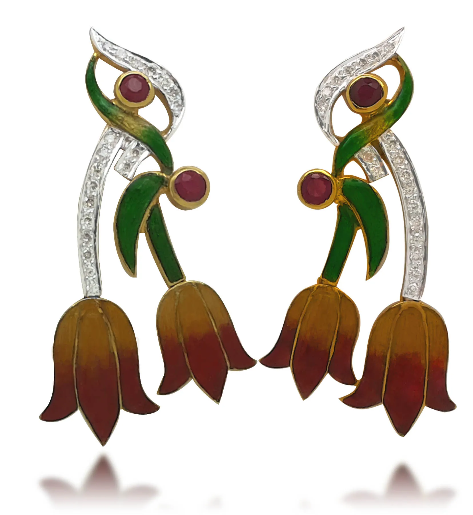 Earrings of enamel tulip blooms on diamond-lined stems with red stone buds