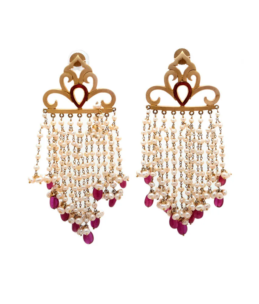 Chandelier earrings with gold-toned crown tops and seed-pearl fringe ending in red drops