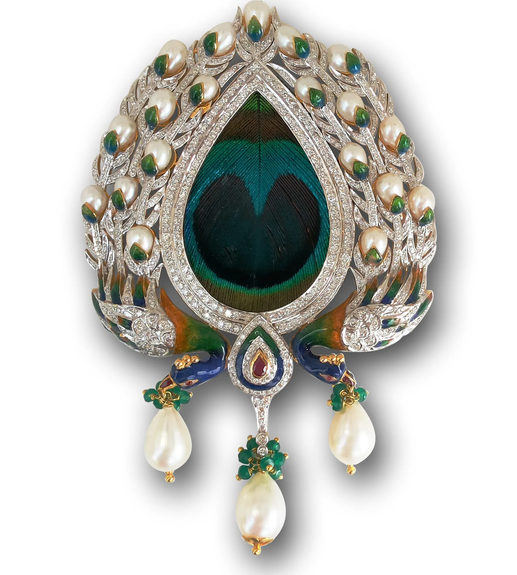 Paisley pendant framing a peacock-feather eye with diamond petals and pearl drops