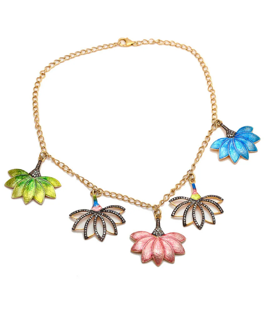 Chain necklace hung with five enamel lotus blossom charms in blue, green and pink