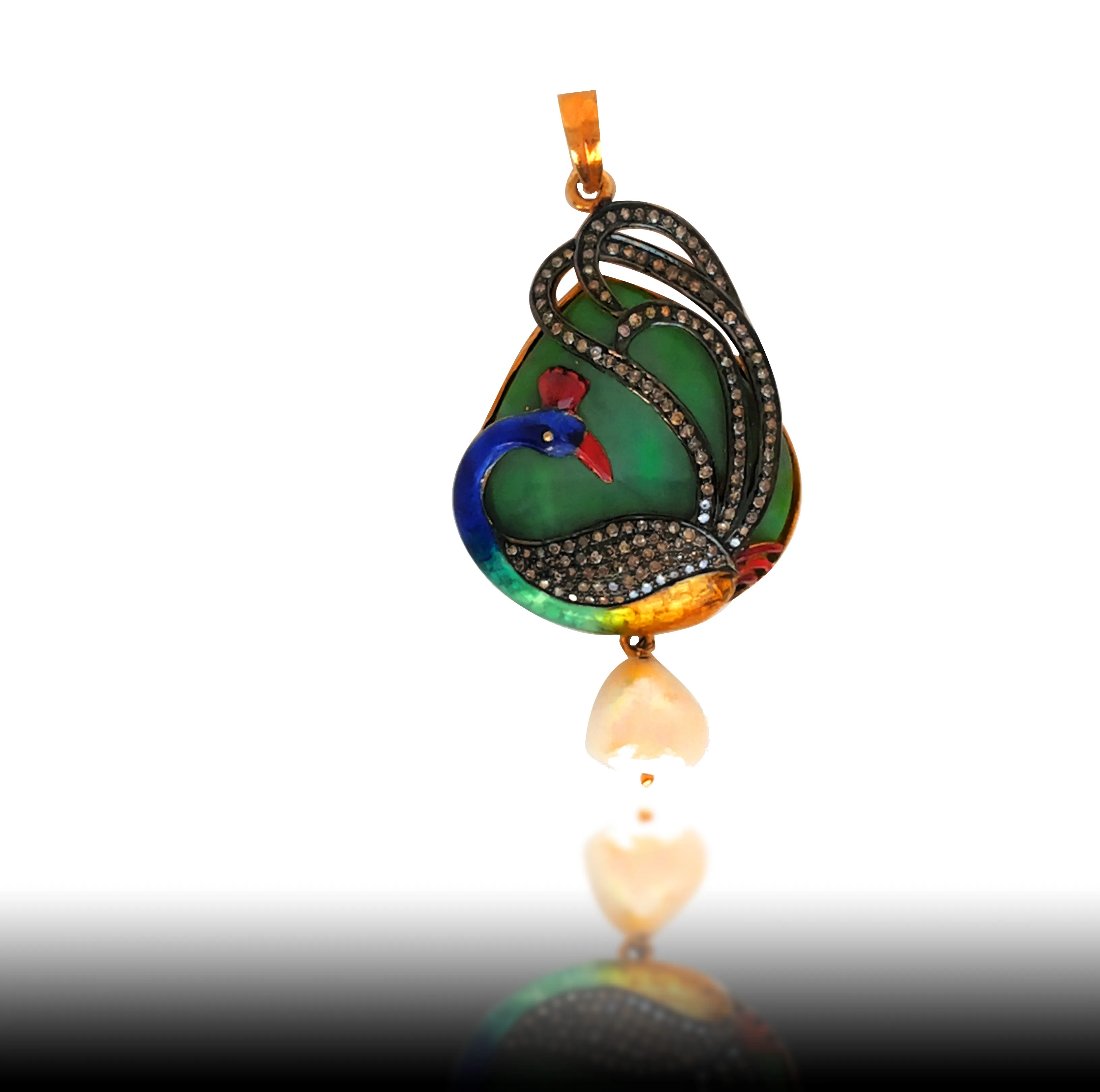 Pendant of a curled enamel peacock with pavé wing above a heart-shaped pearl drop