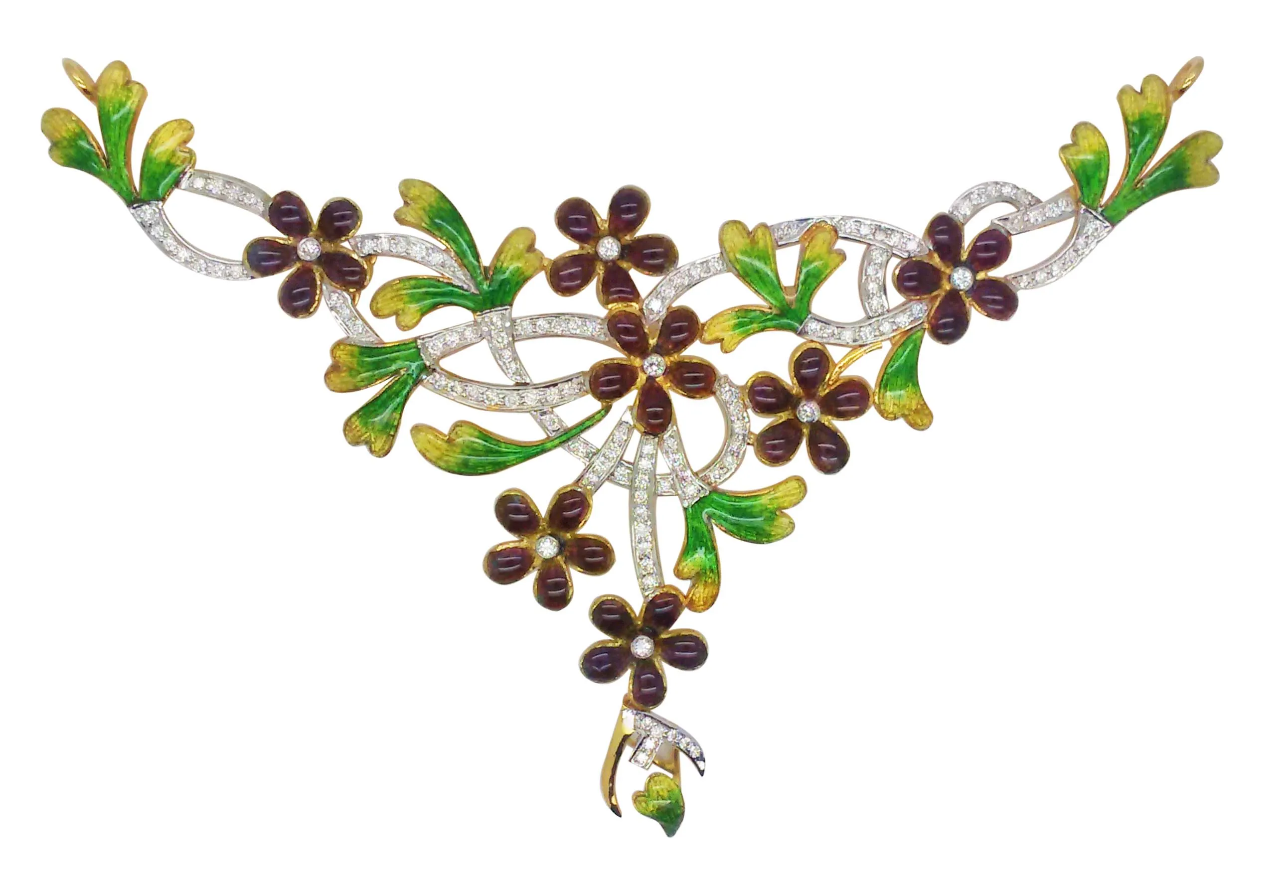 Necklace of plum enamel flowers and green leaves on a diamond-set vine