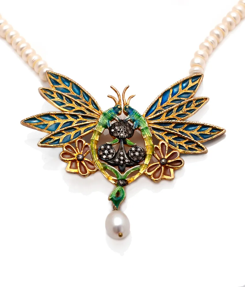Butterfly pendant in blue-green enamel with pavé body and pearl drop, on a pearl strand