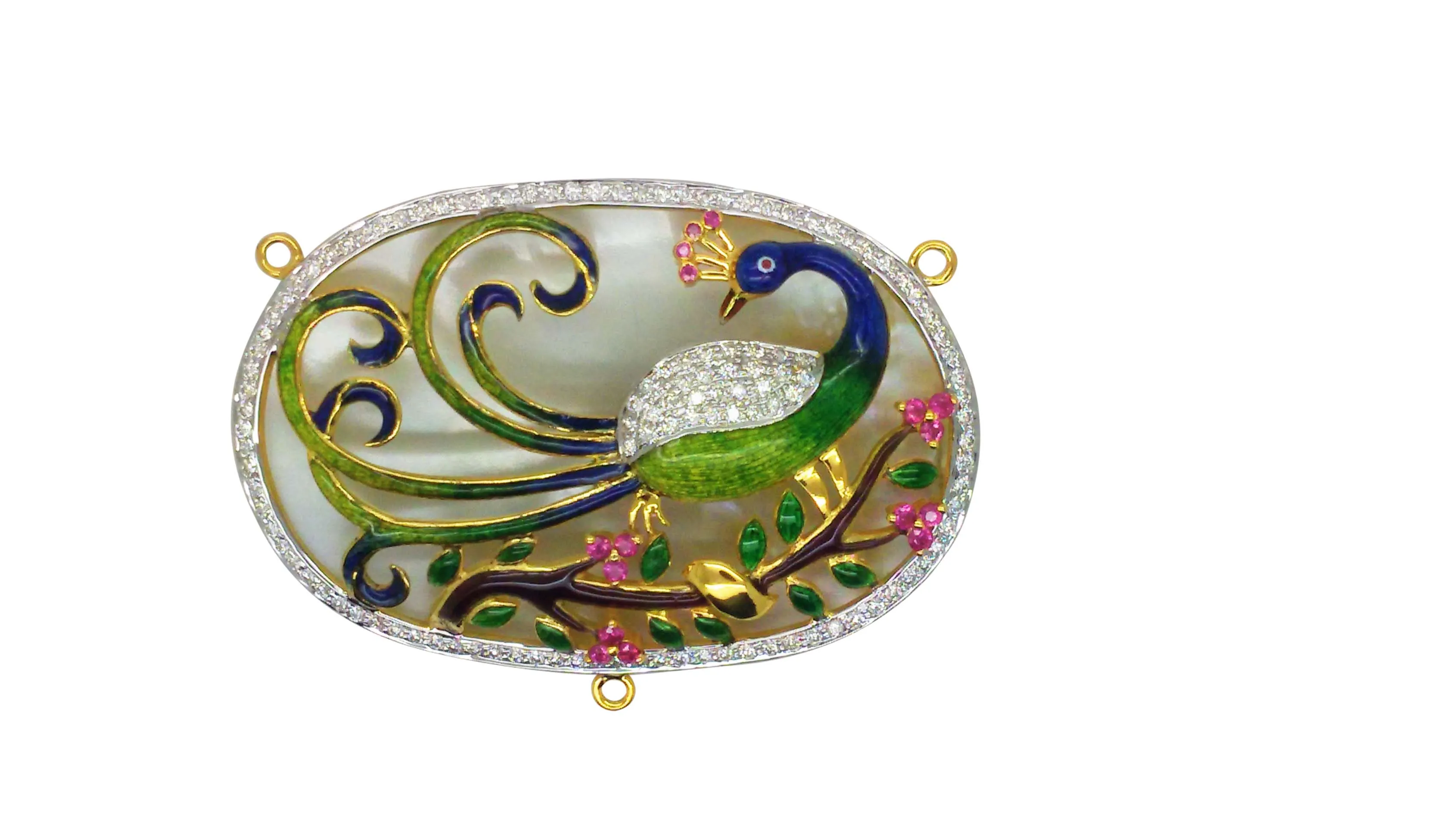 Oval pendant with a miniature painted peacock and pink blossom frame