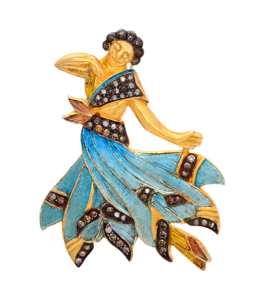 Pendant of a dancing lady with swirling sky-blue enamel skirt edged in pavé stones