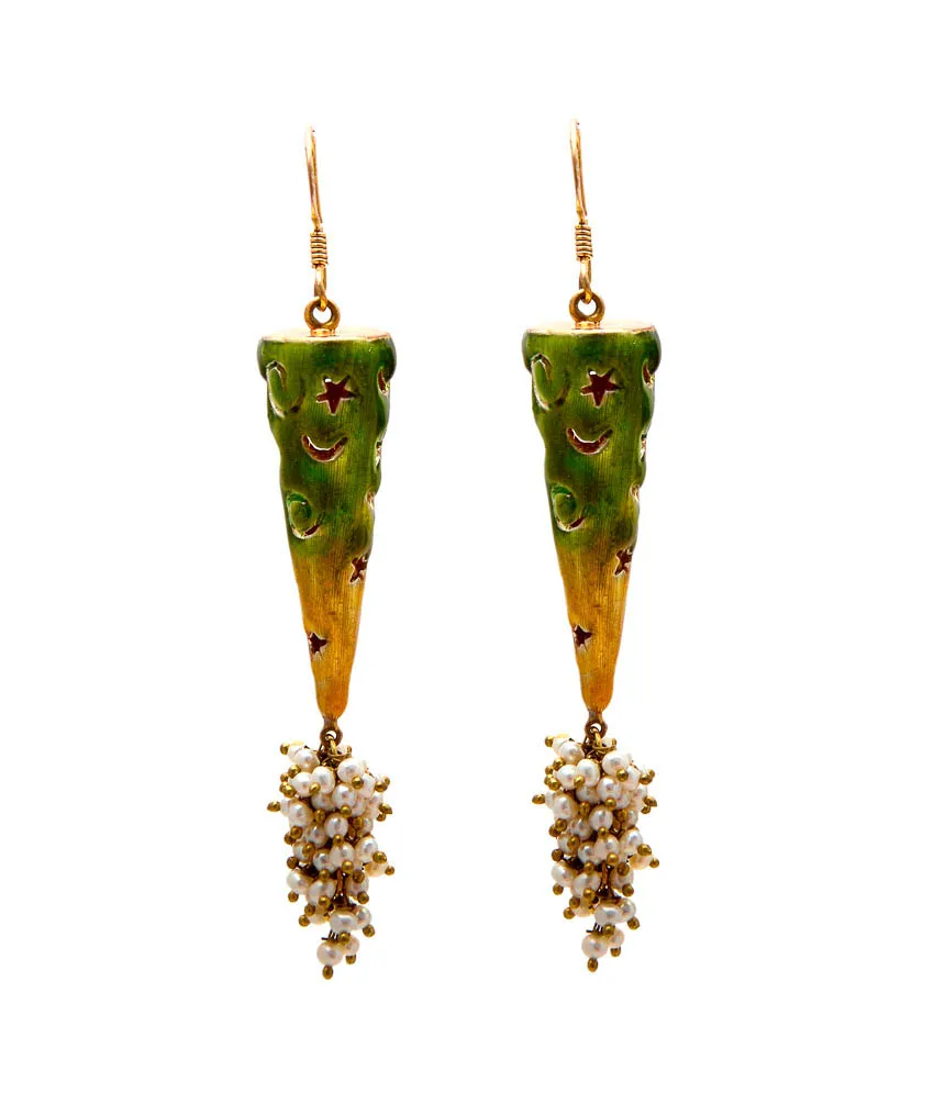 Cone-shaped olive enamel earrings pierced with stars, ending in seed-pearl clusters