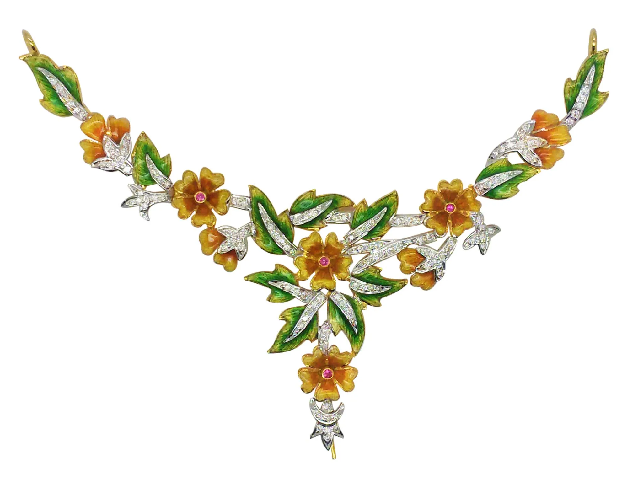 Necklace of marigold enamel flowers with diamond sprays and green enamel leaves