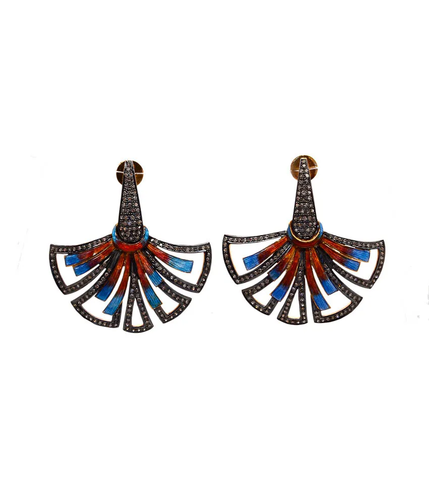 Fan-shaped earrings with pleats of blue and coral enamel under pavé-set tops