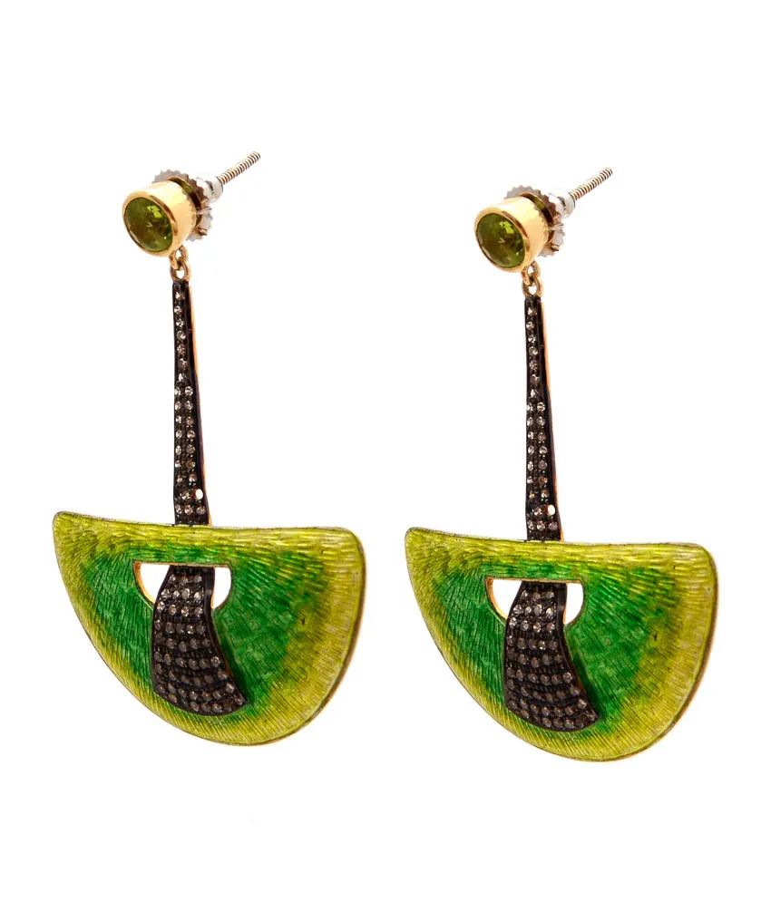 D-shaped green enamel drop earrings with peridot studs and pavé bars