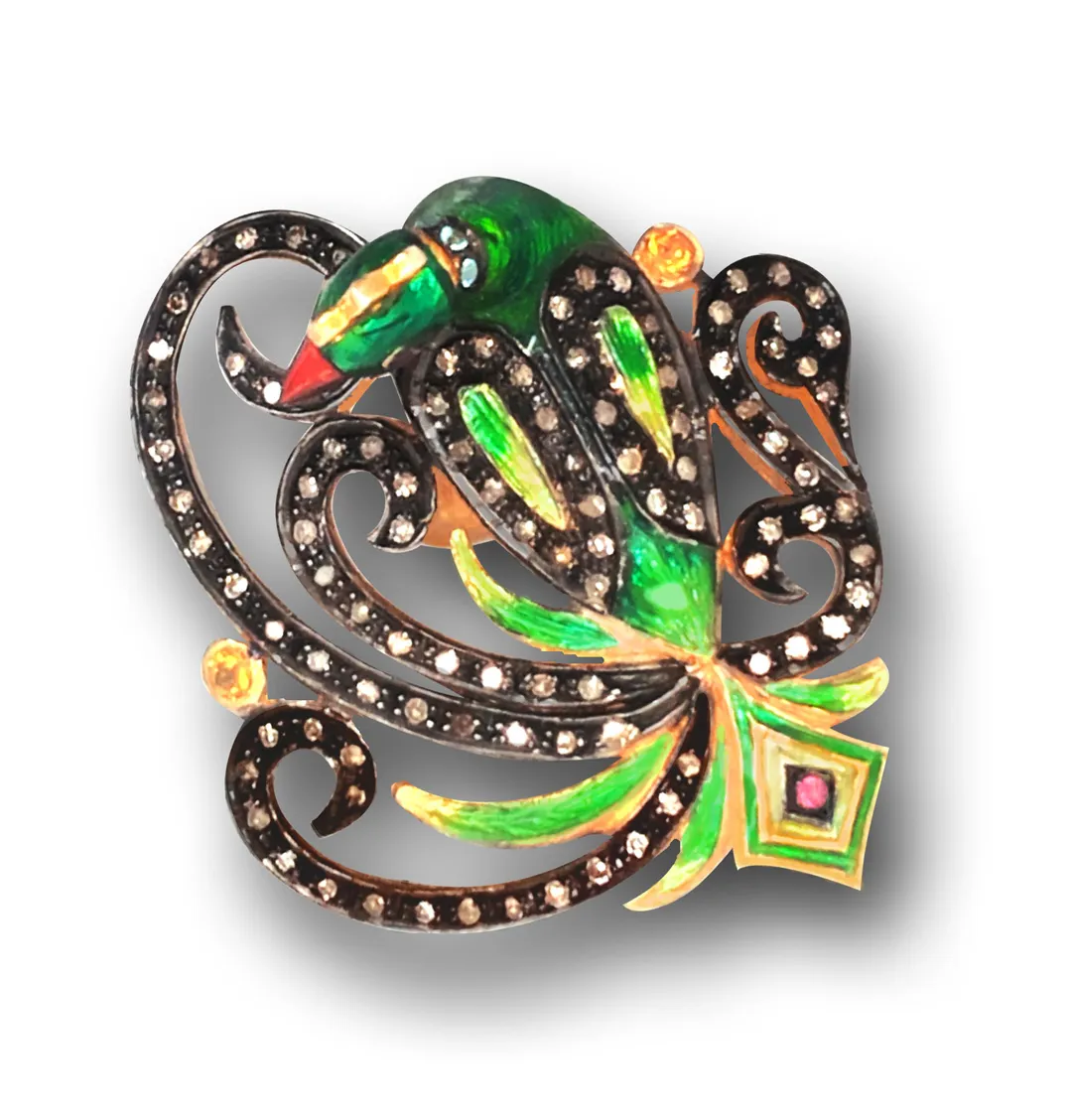 Grand peacock ring from above: a green enamel peacock among scrolling pavé-set plumes