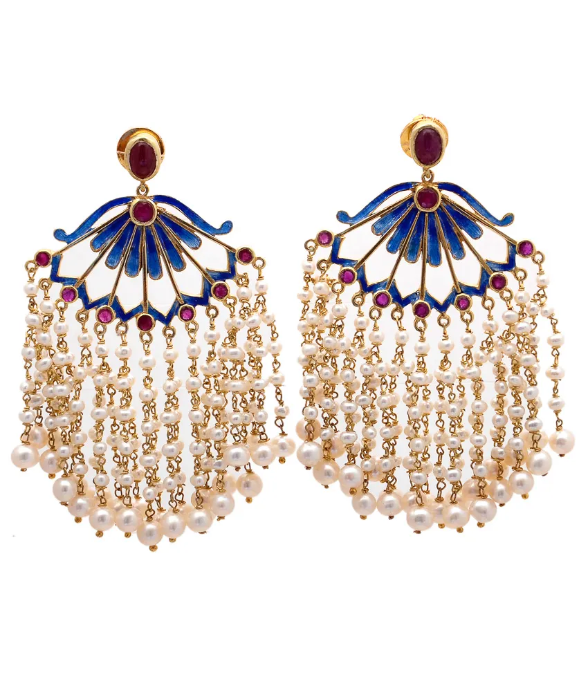 Chandelier earrings with blue enamel fan tops and a full curtain of seed pearls