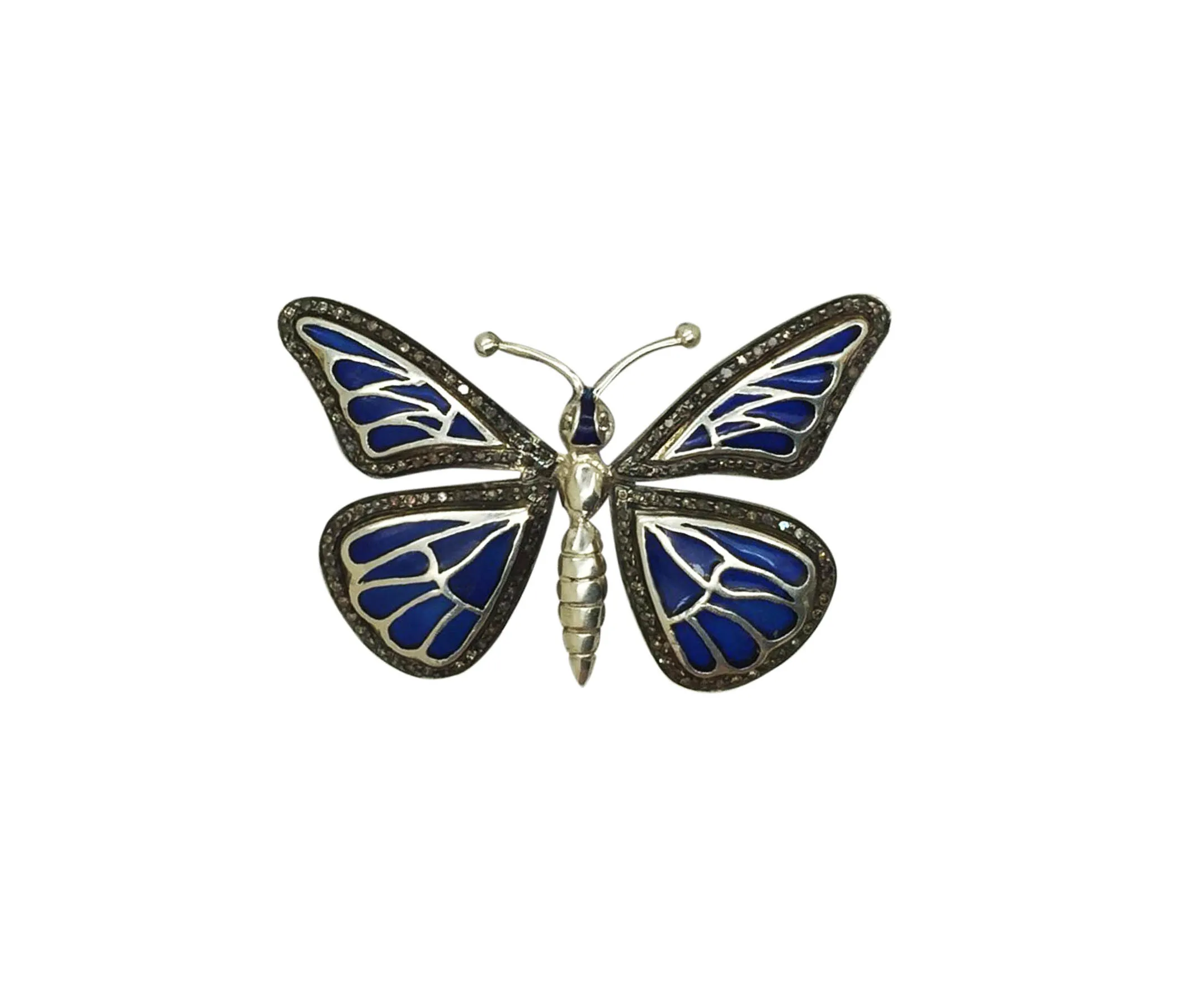 Blue butterfly ring viewed from the front, with blue and violet enamel wings and a pavé-set body