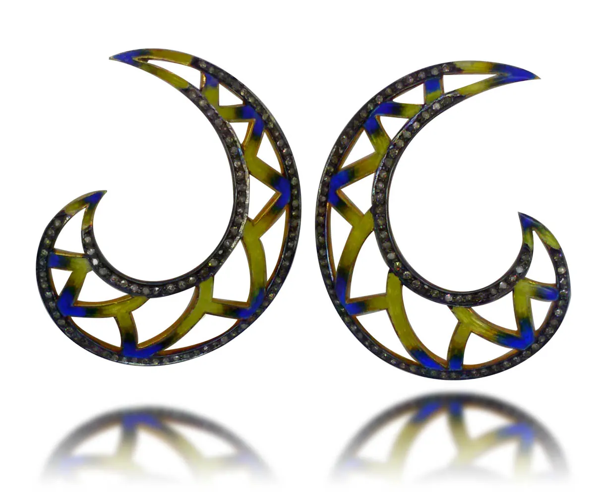 Crescent-moon earrings in navy and olive enamel with pierced openwork