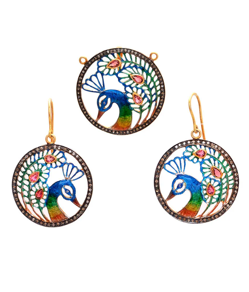 Three-piece set of round medallions with multicolour enamel peacocks: pendant and pair of earrings