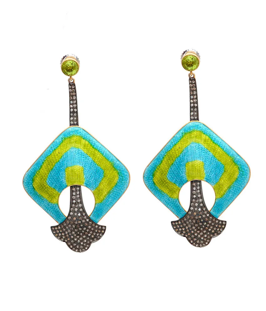 Pair of long drop earrings with turquoise and lime enamel squares ending in pavé-set bells