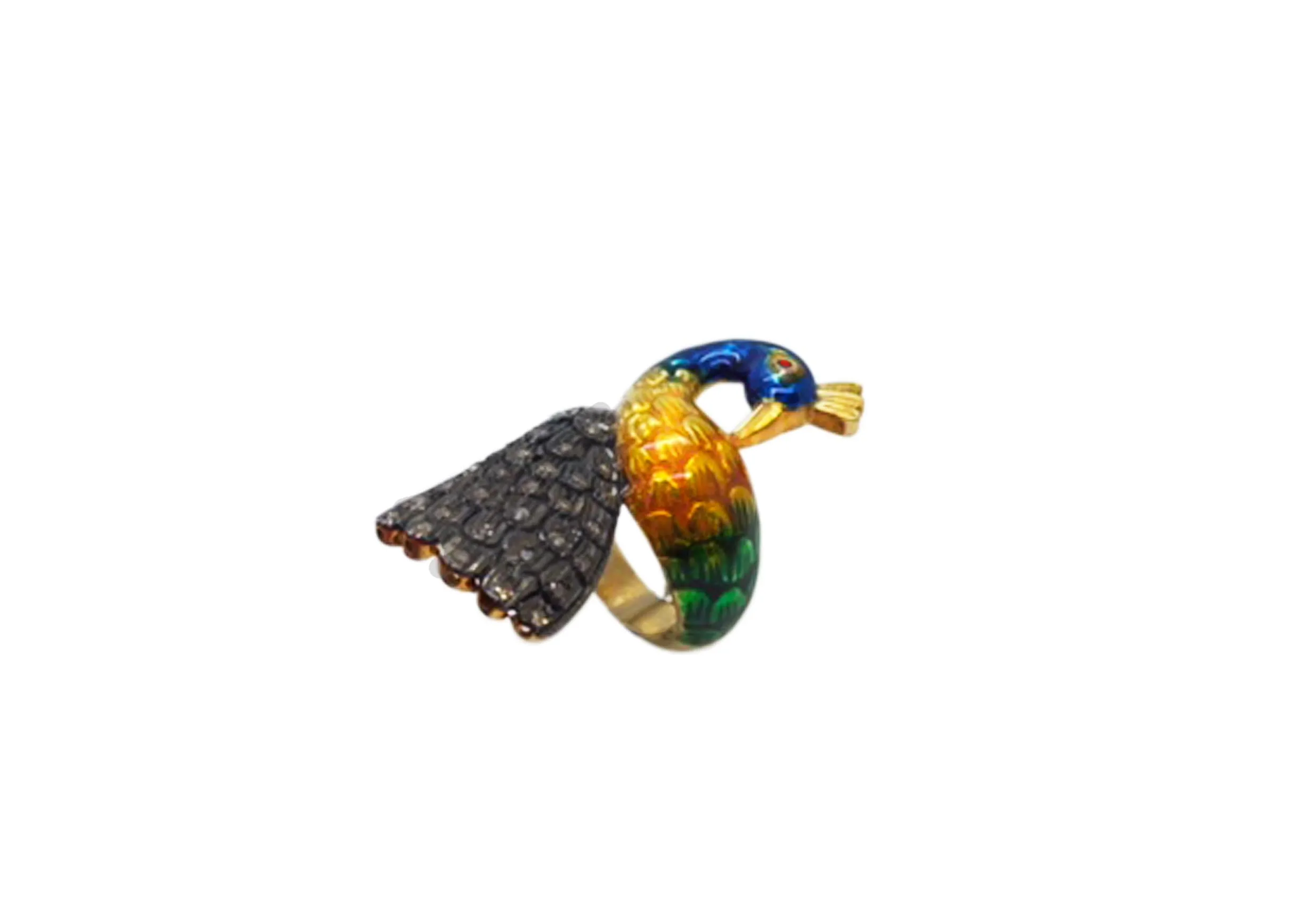 Peacock head ring: small enamel peacock with blue head and pavé tail, side view