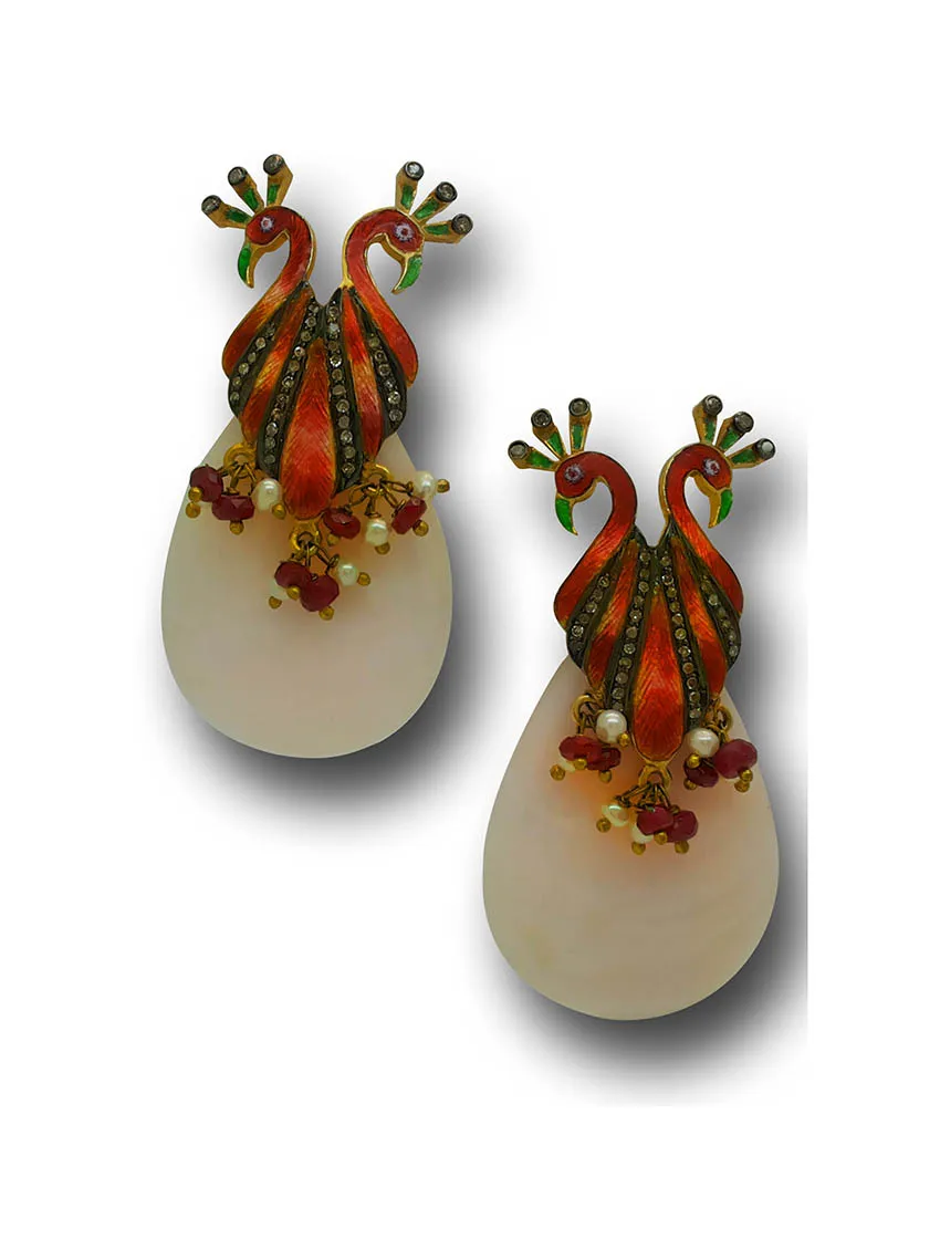 Pink opal drop earrings with sculpted coral-toned enamel tops
