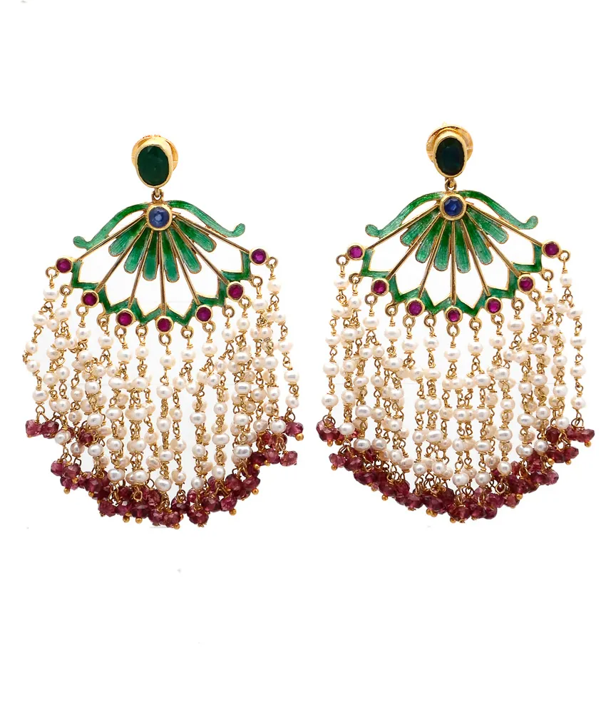 Chandelier earrings with green enamel fan tops, seed-pearl curtain and red bead tips