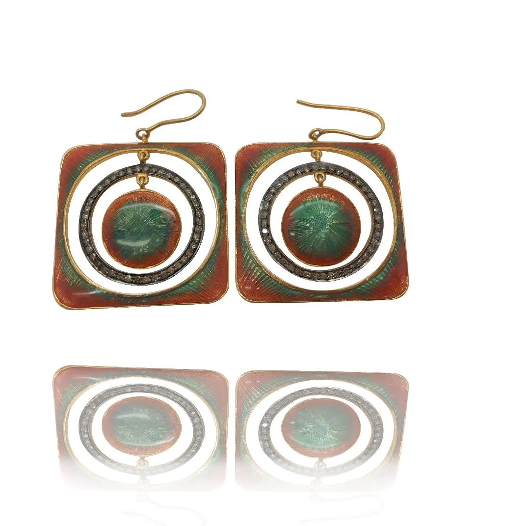 Yellow enamel square earrings with a ring motif at the centre of each