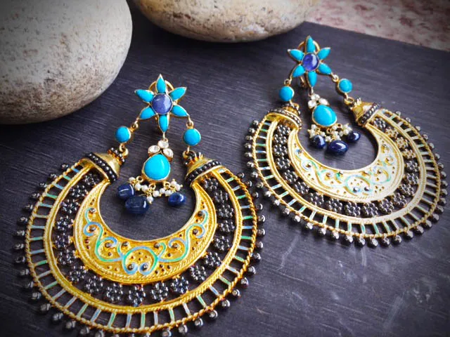 Large chandbali hoops with turquoise flower tops, filigree crescents in pale enamel and deep blue stone drops