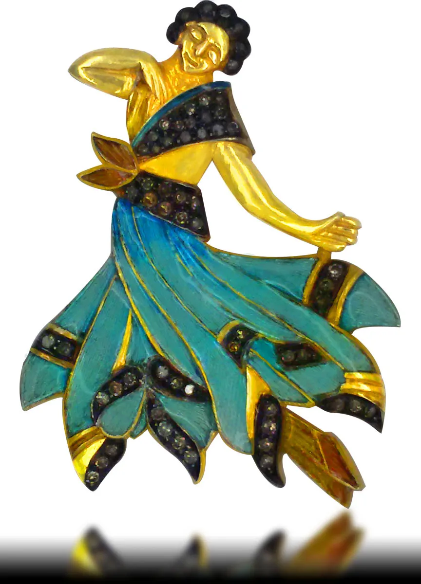 Brooch of a dancing lady in turquoise enamel sari with pavé-set borders