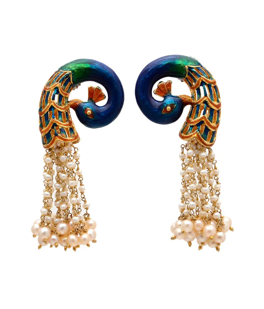 Earrings shaped as curled enamel peacocks with cascading seed-pearl tassels