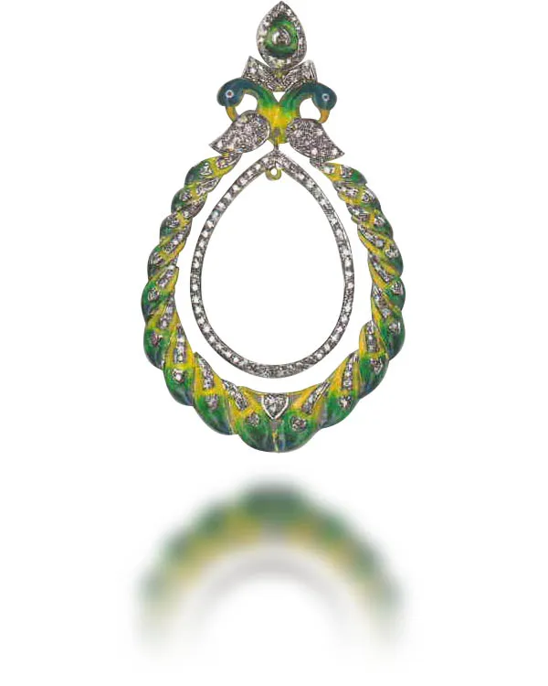 Open teardrop pendant drawn as a peacock feather in green and gold enamel with diamond lines