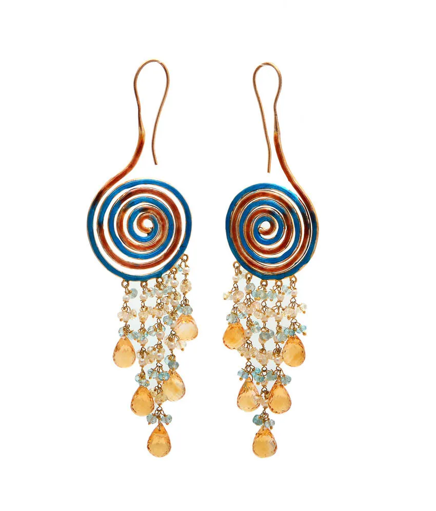 Earrings with blue-and-red enamel spiral discs and pearl fringe