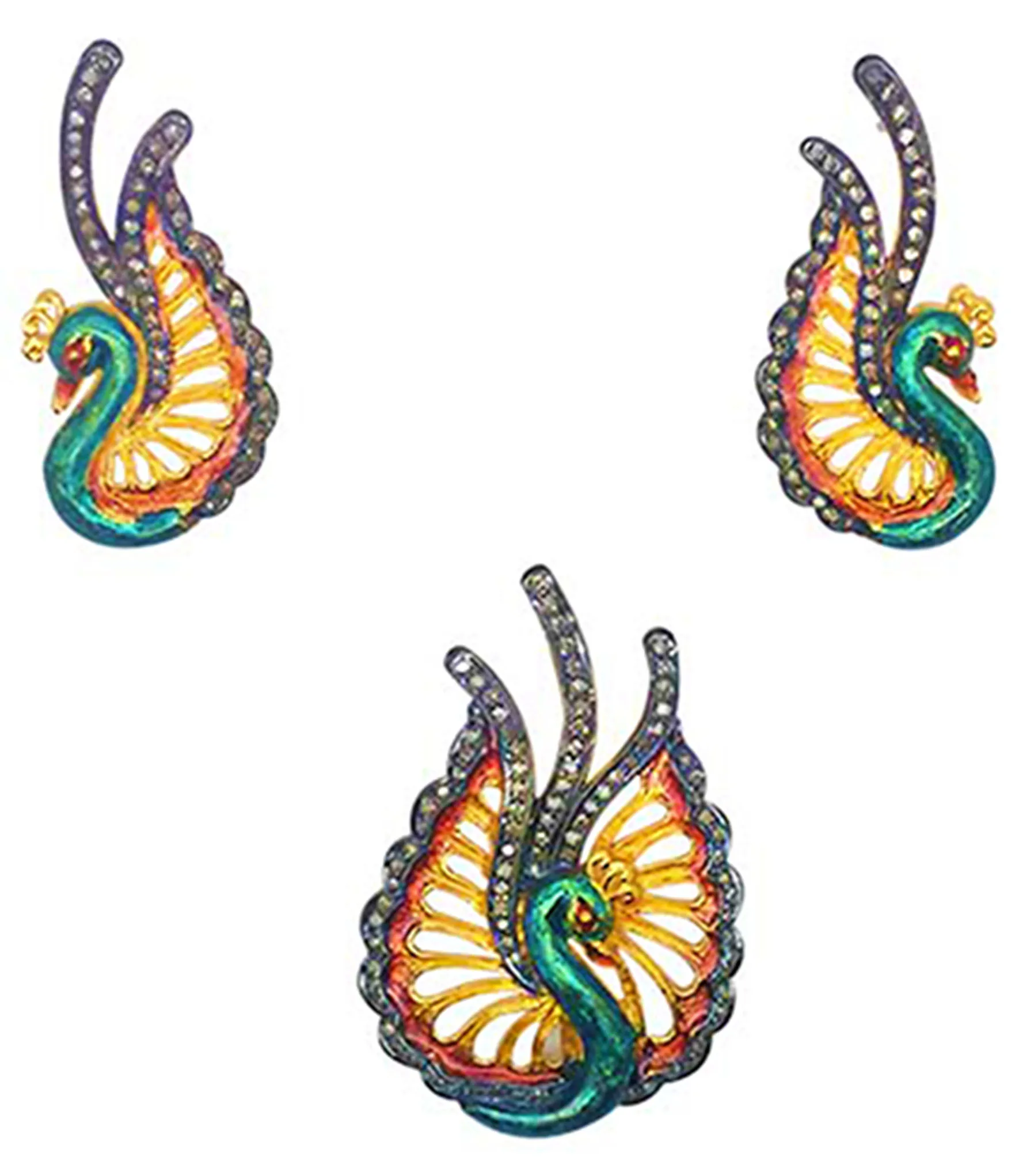 Plume-shaped pendant and earrings finished in blue and saffron enamel