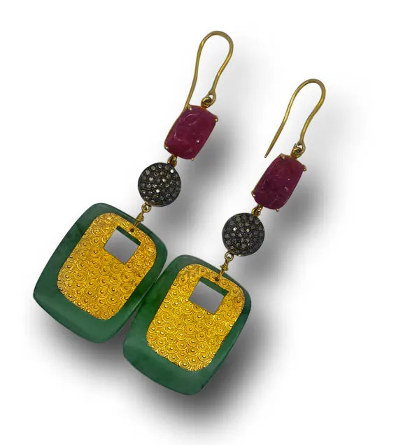 Earrings with faceted green square stones below wine-red bead tops