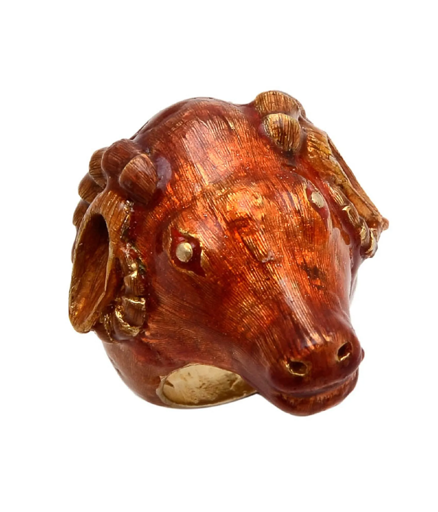 Ram’s head ring in amber-brown enamel, front view showing the face and curled horns