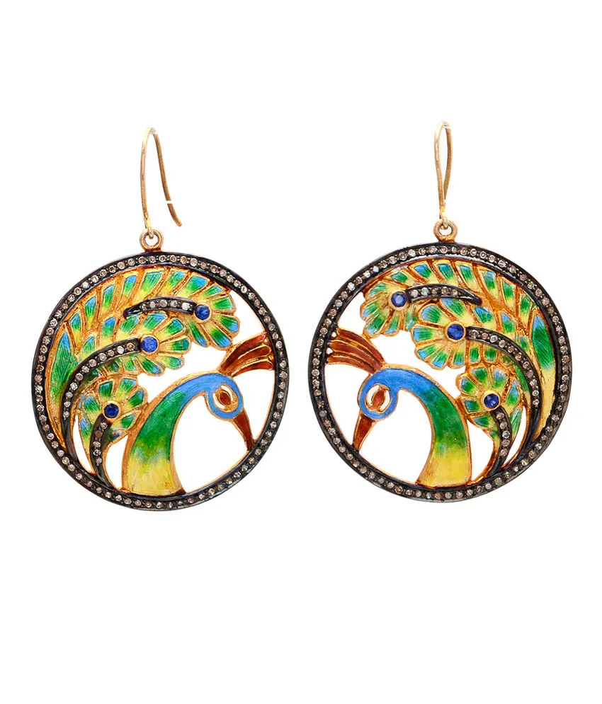 Round medallion earrings, each with a multicolour enamel peacock inside a stone-set rim