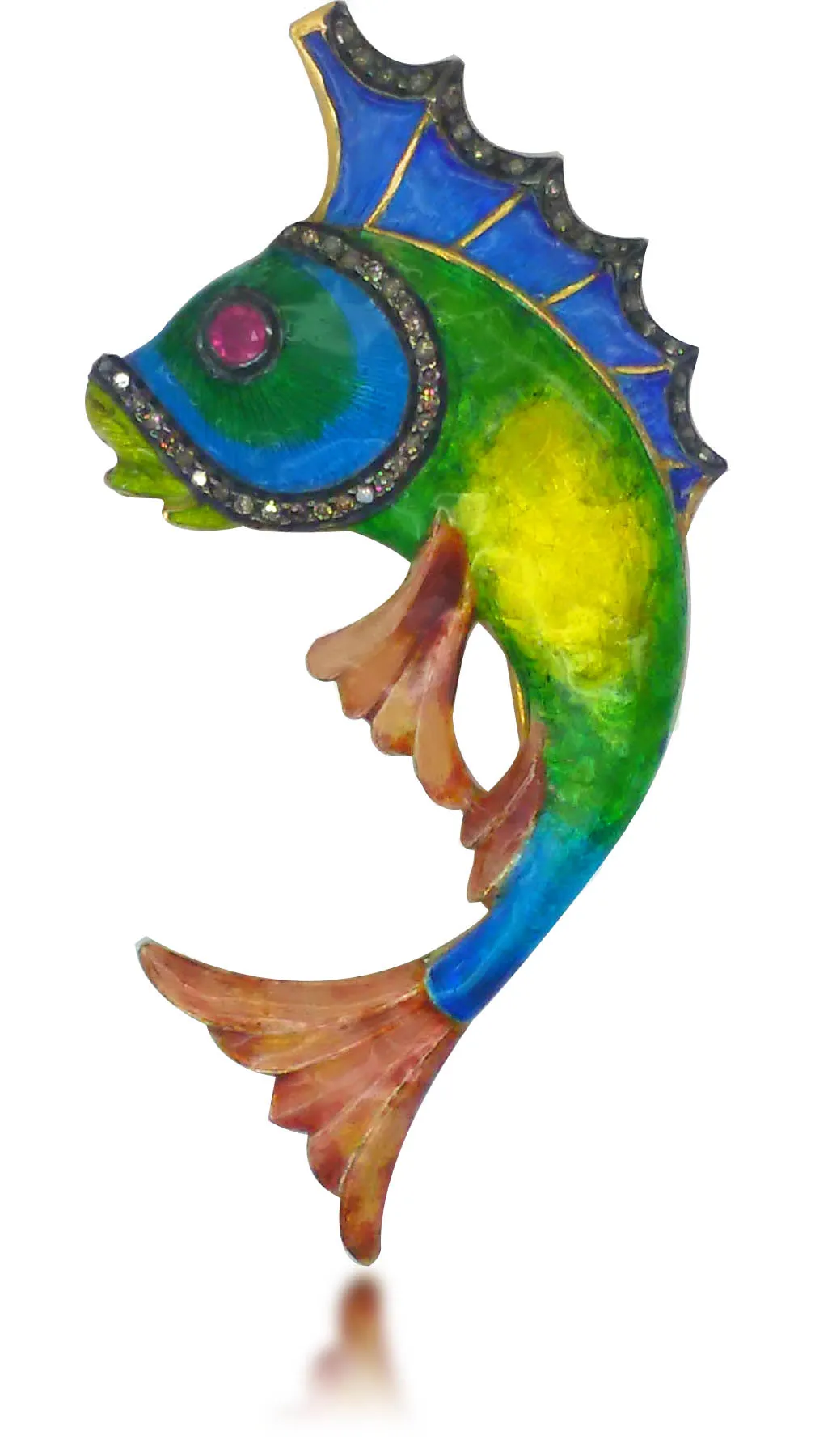 Pendant of a diving fish in teal, green and coral enamel