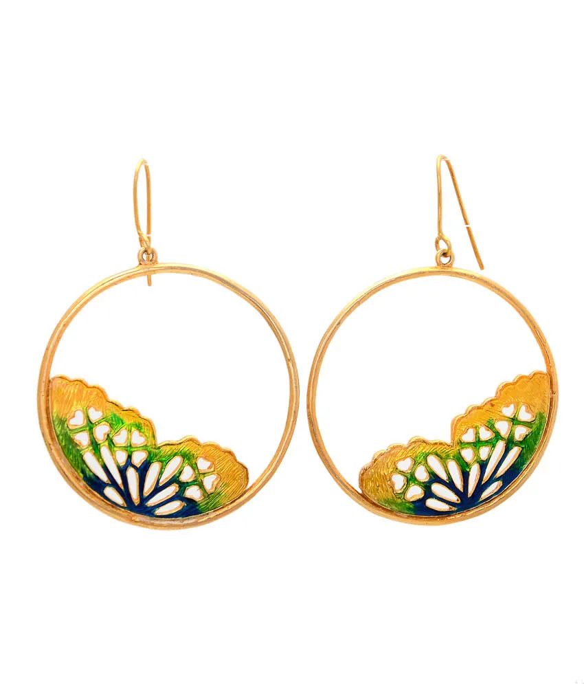 Pair of gold-toned hoop earrings with an enamel butterfly-and-garden scene along the lower edge
