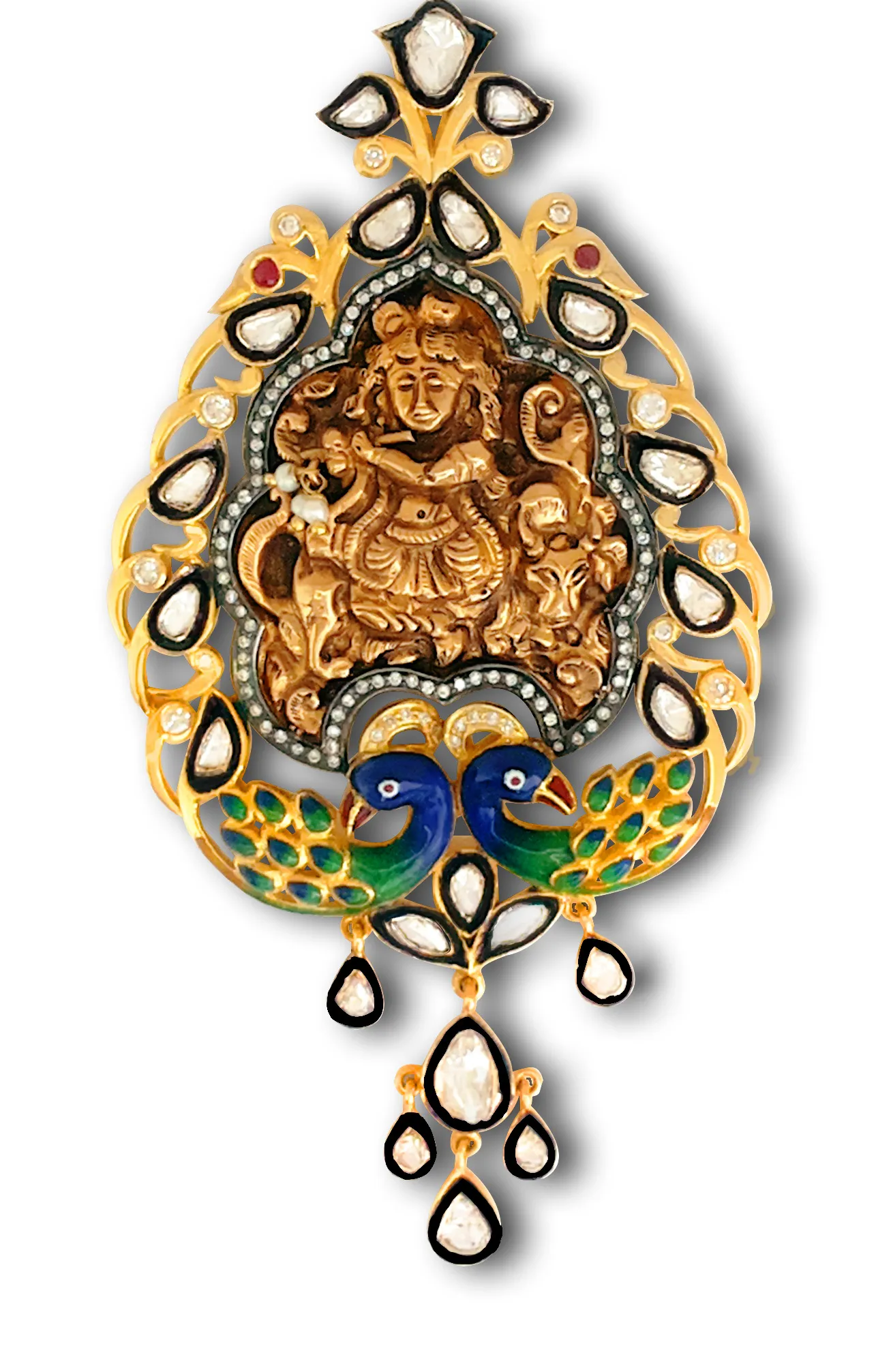 Temple pendant: carved medallion inside a polki diamond frame with blue enamel peacocks