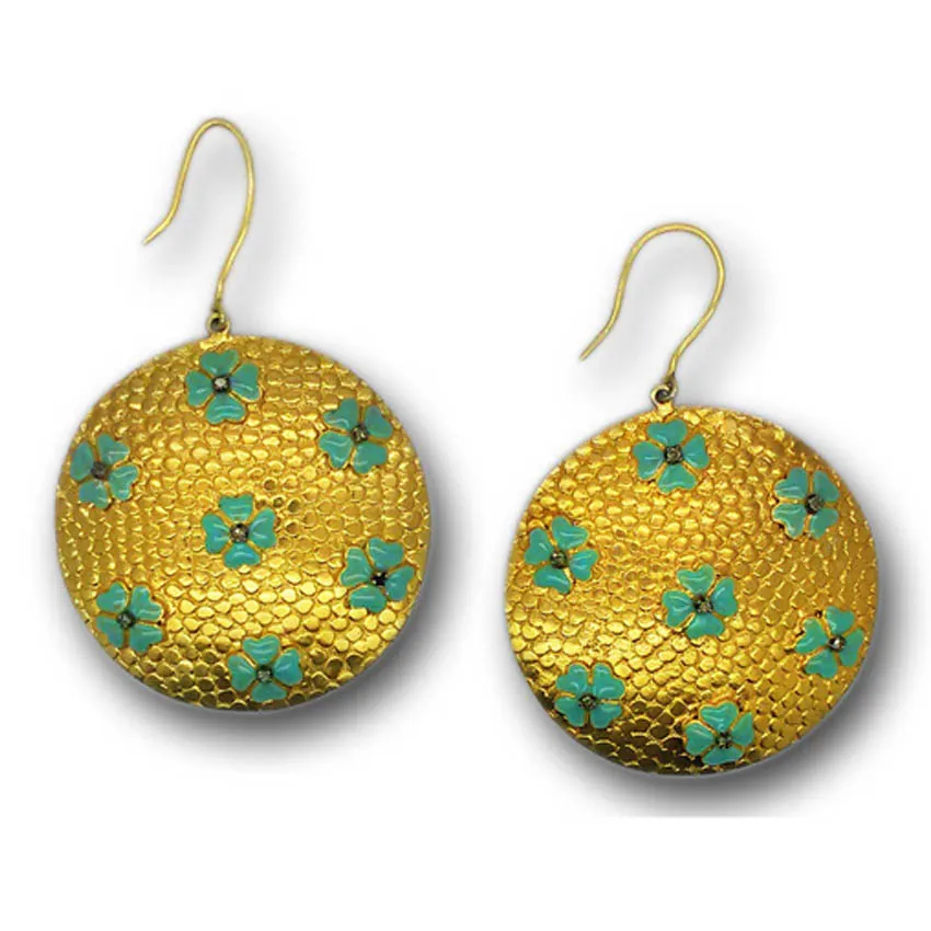 Hammered gold-toned disc earrings scattered with turquoise enamel blossoms