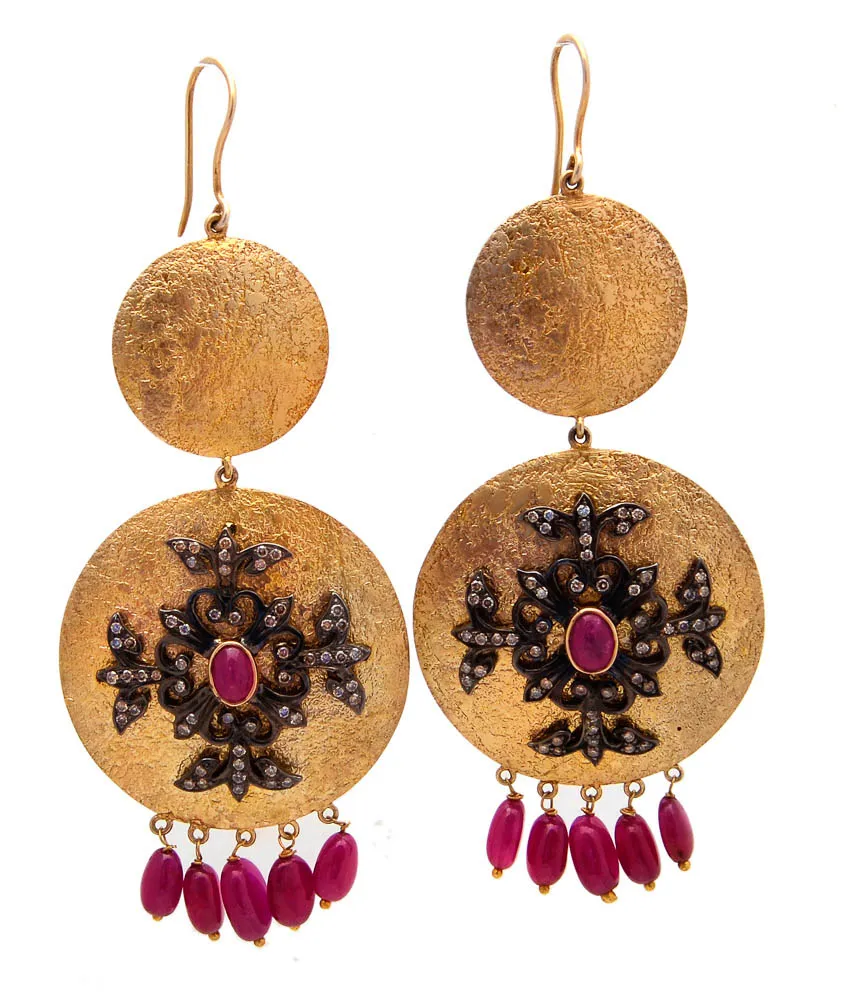 Hammered disc earrings with red stone centres and berry-red drop fringe