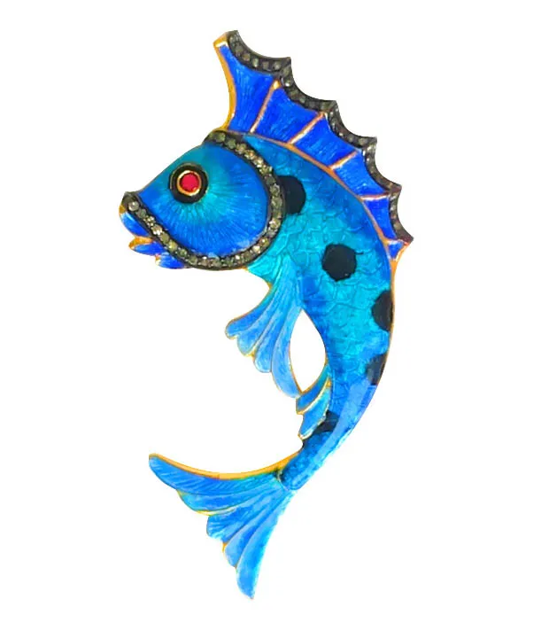 Pendant shaped as a leaping fish in spotted azure enamel with flared fins
