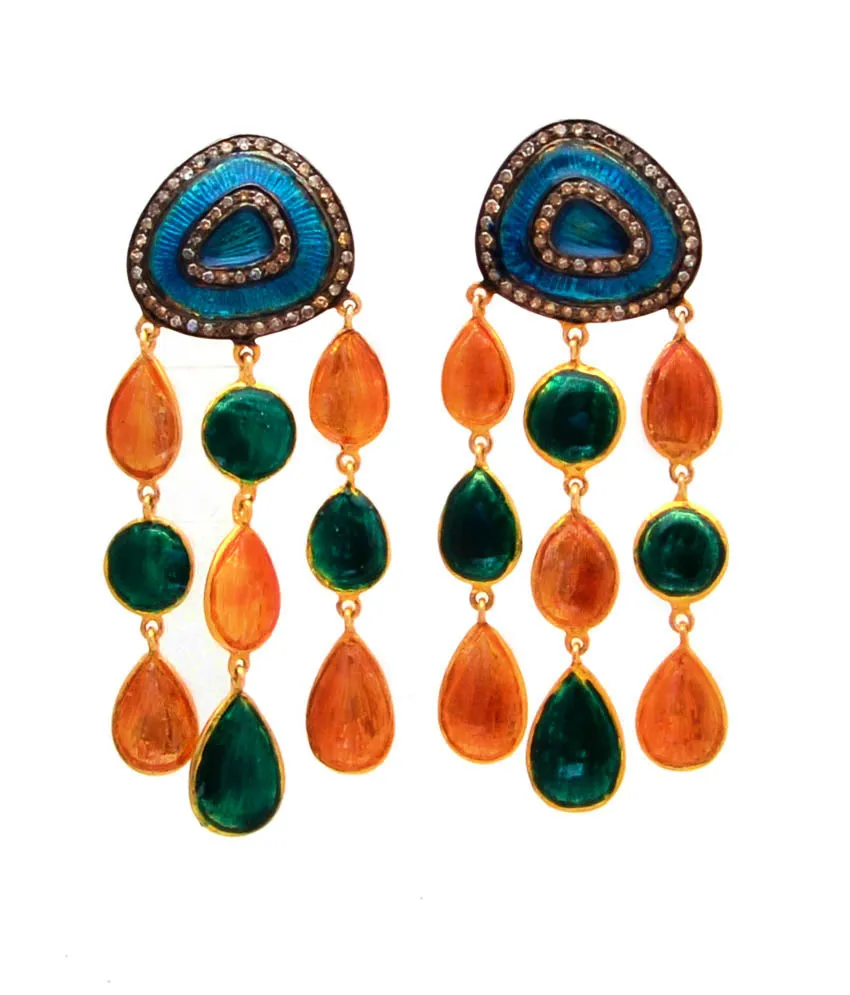 Chandelier earrings with blue pavé tops and strands of green and orange polished drops