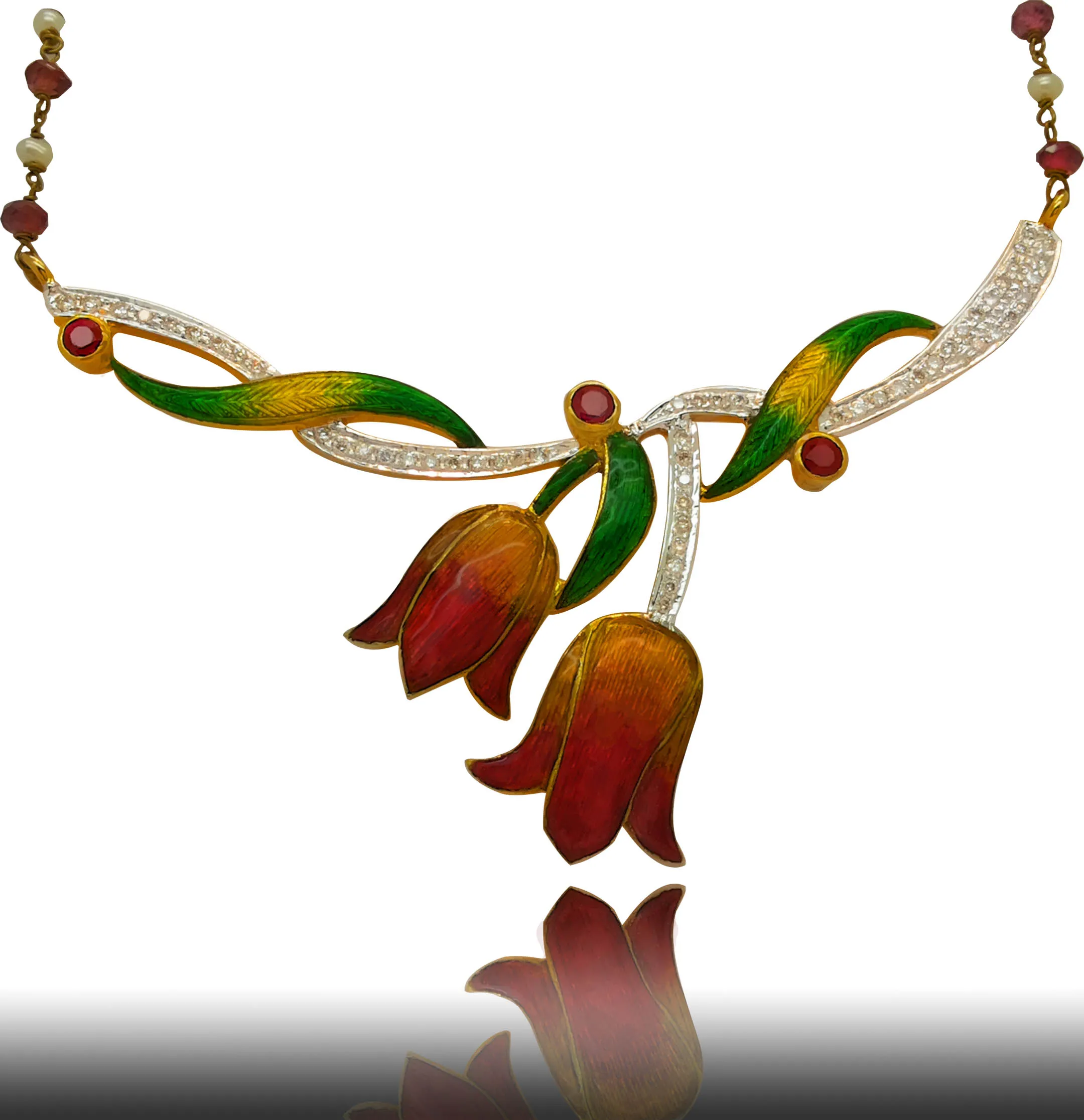 Tulip necklace with enamel blooms and diamond-set vine