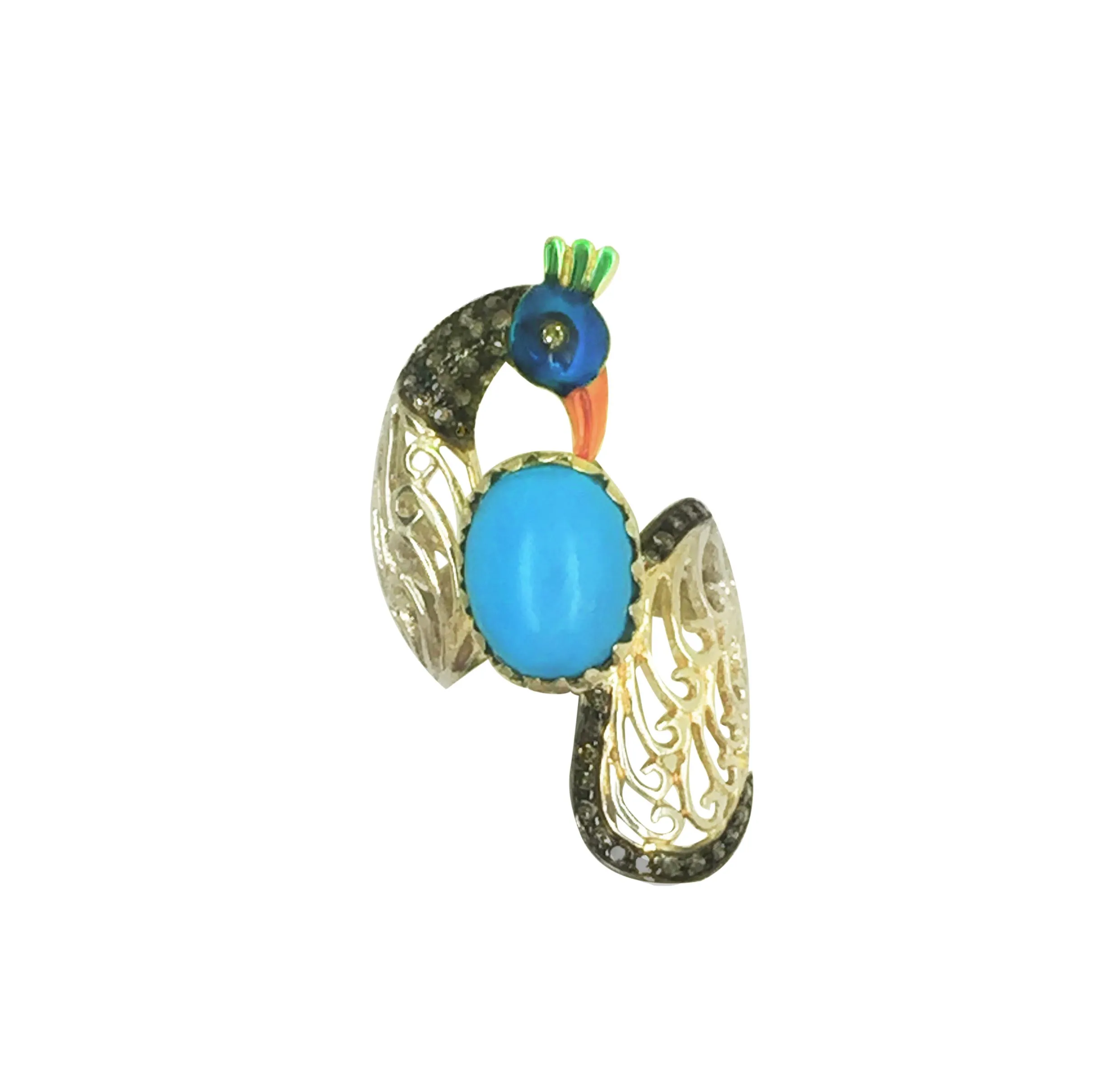 Turquoise peacock ring upright, the peacock bowing over the turquoise stone