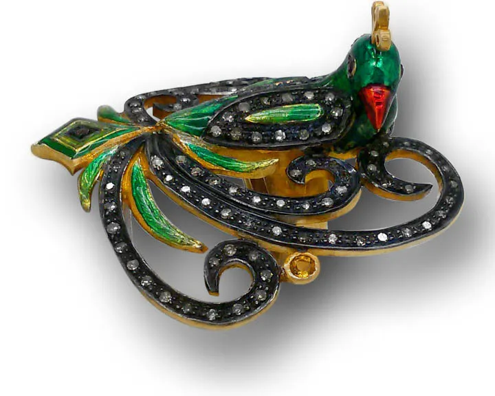 Grand peacock ring laid flat, showing the full spread of scrolled feathers