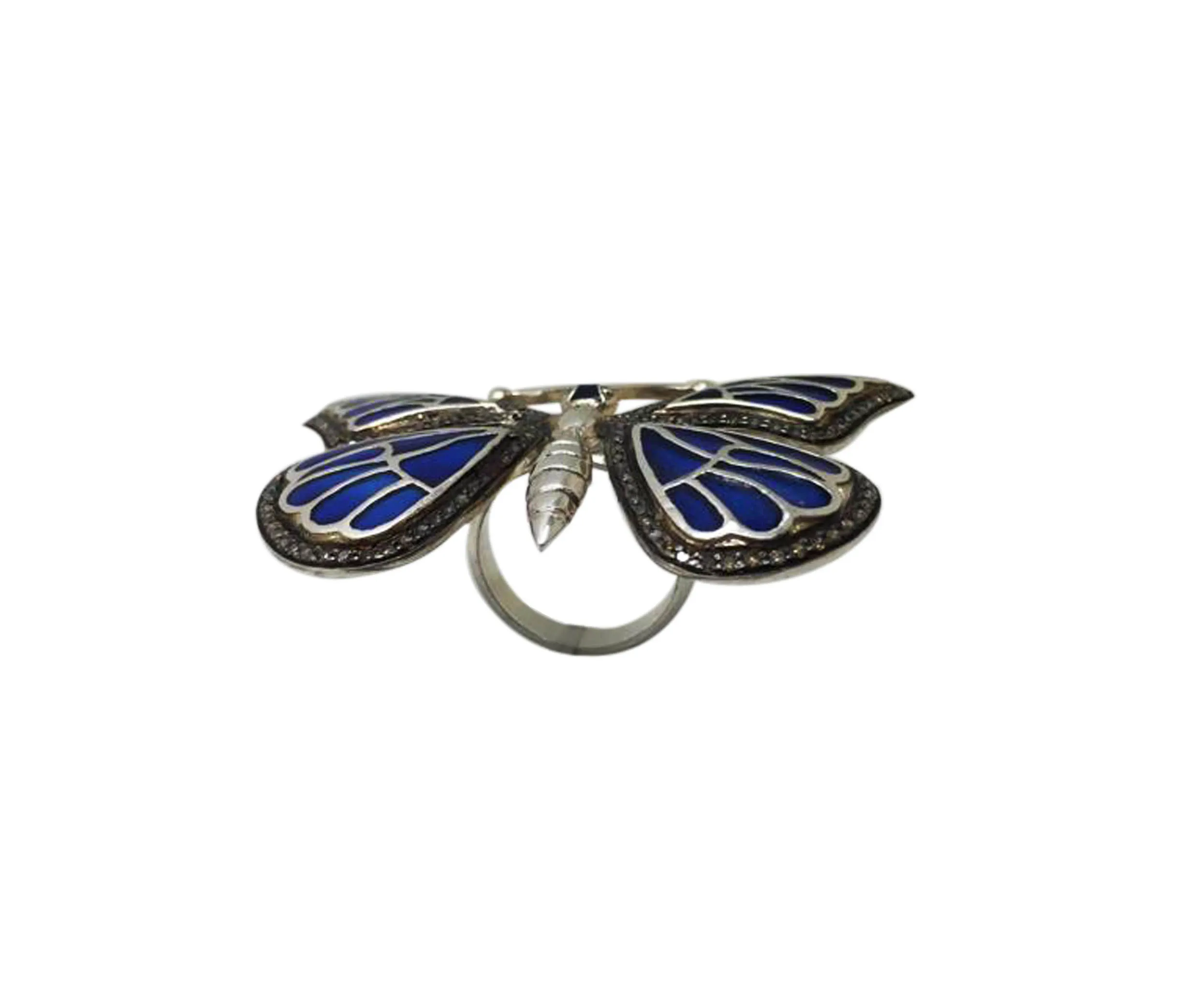 Blue butterfly ring viewed from above, wings spread flat showing the enamel panels