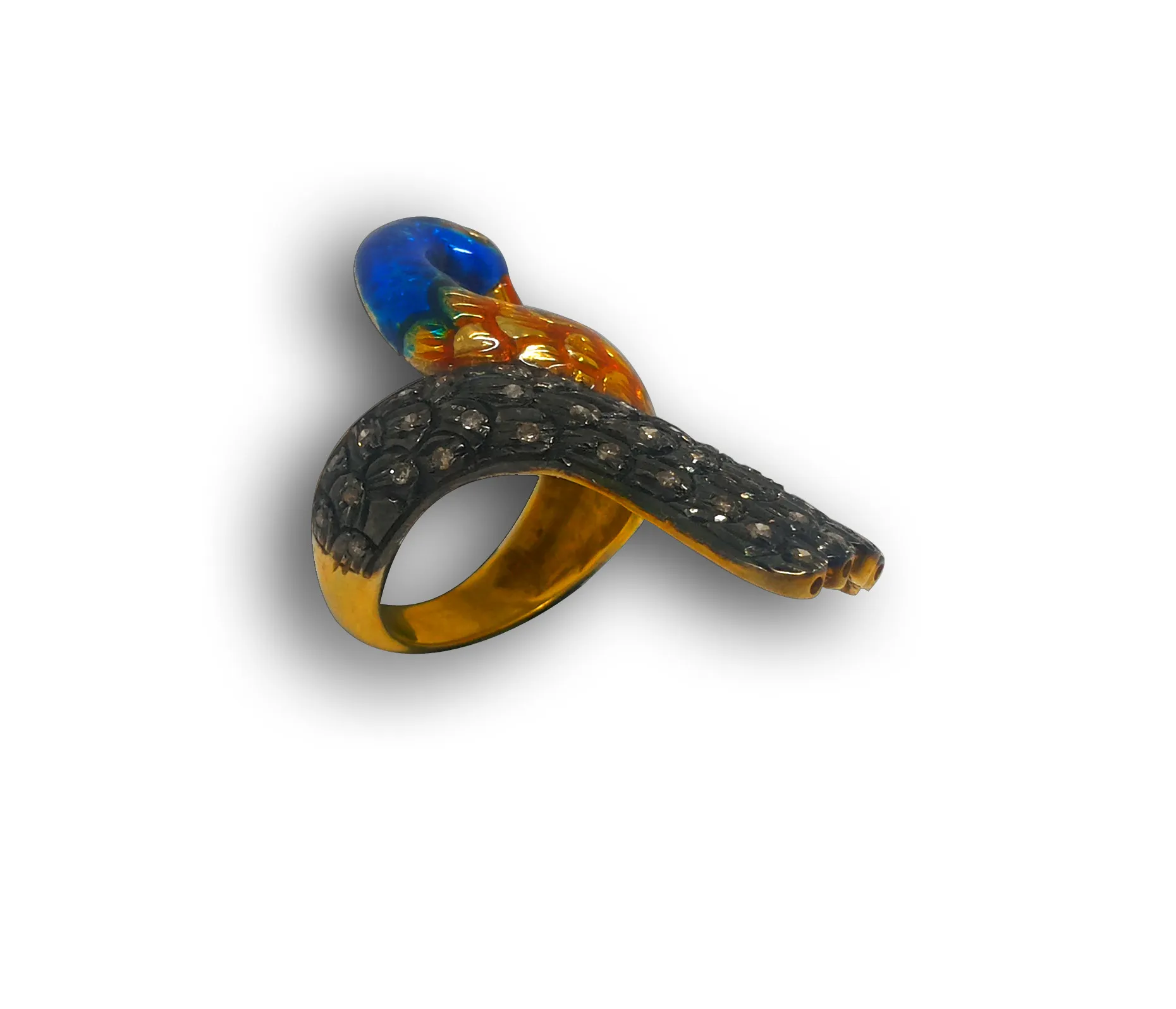 Peacock head ring in three-quarter view on its gold-toned band