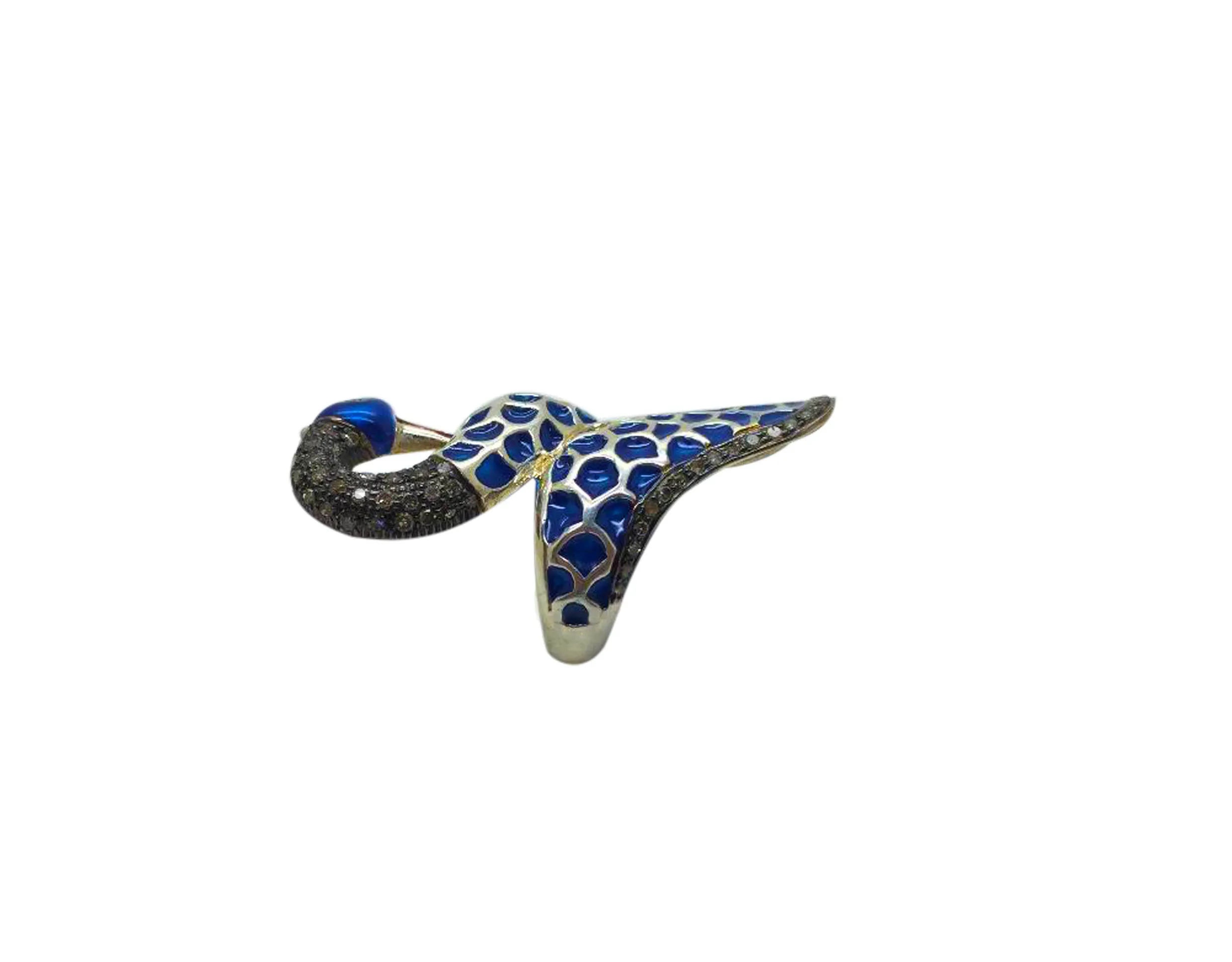 Spotted enamel bird ring in profile, showing the body curling around the band