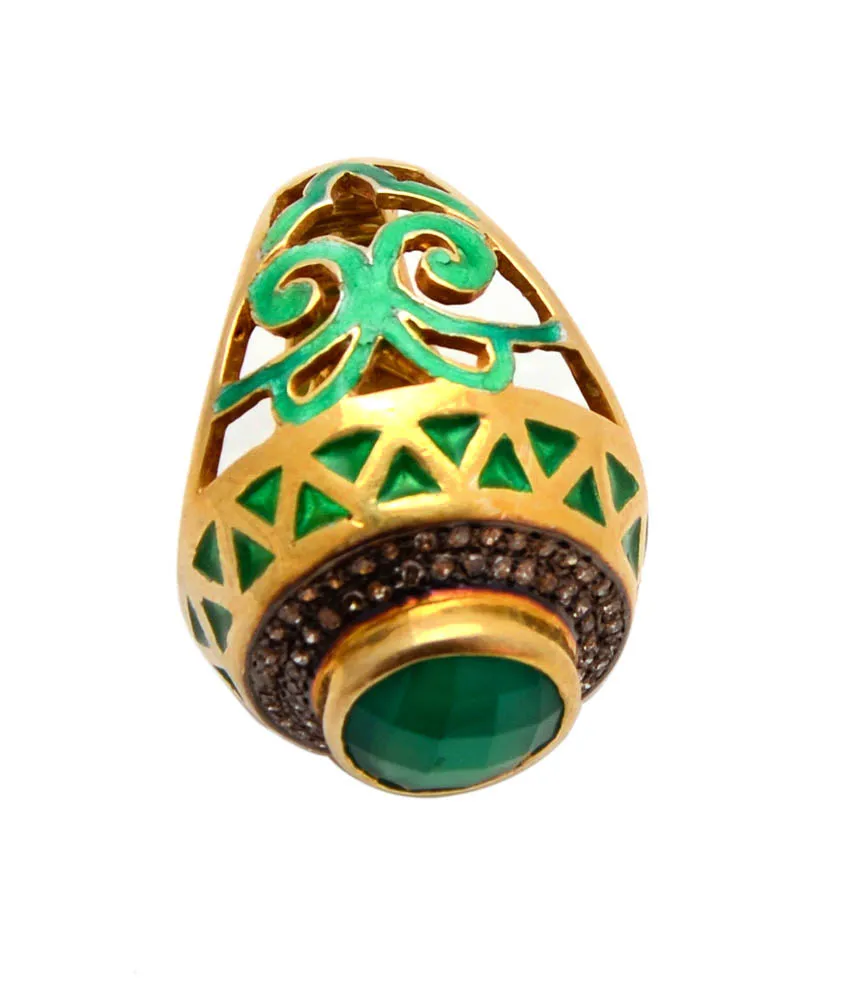 Green cabochon lattice ring in profile, showing the openwork dome